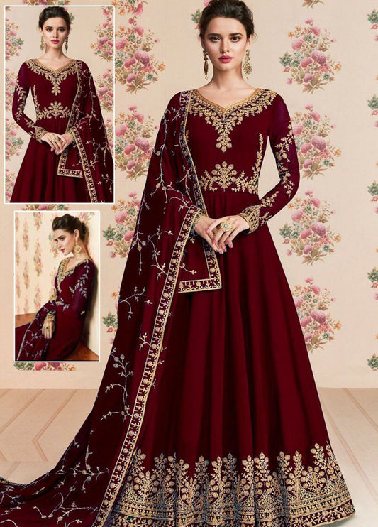 Embroidered Unstitched 3 Piece Chiffon M Maxi-Maroon-Party Wear