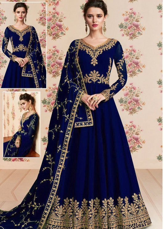 Embroidered Unstitched 3 Piece Chiffon Suit M Maxi-N. Blue-Party Wear