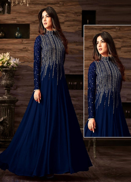 N Blue Embroidered Unstitched Chiffon Indian Maxi-NB Party Wear