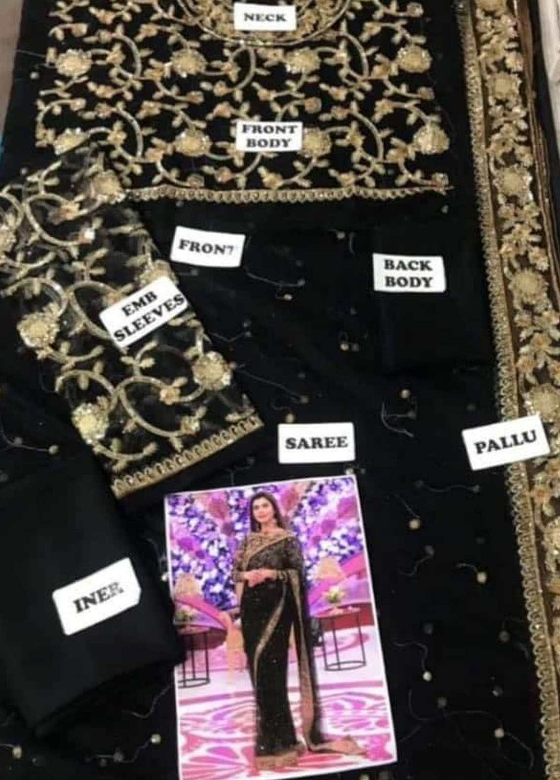 Black Embroidered Unstitched 3 Piece Chiffon Saree Nida Saari-Black-Party Wear