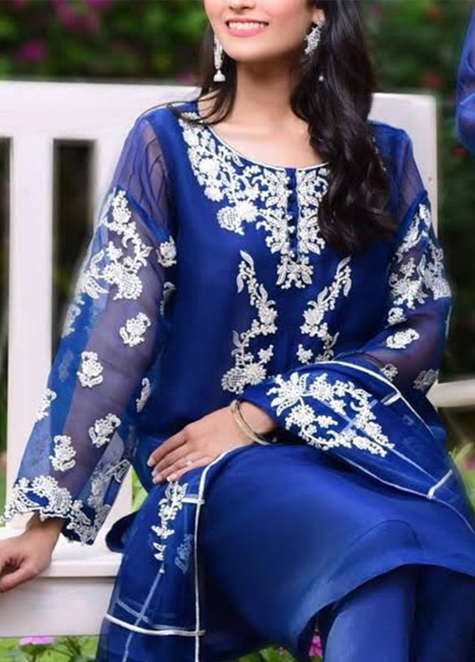 Blue Embroidered Unstitched 3 Piece Organza Suit AG-S100354-21-Party Wear