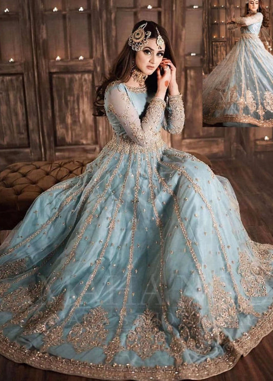 Sky Blue Embroidered Unstitched 3 Piece Net Frock Hira Mani-Asmani-Party Wear