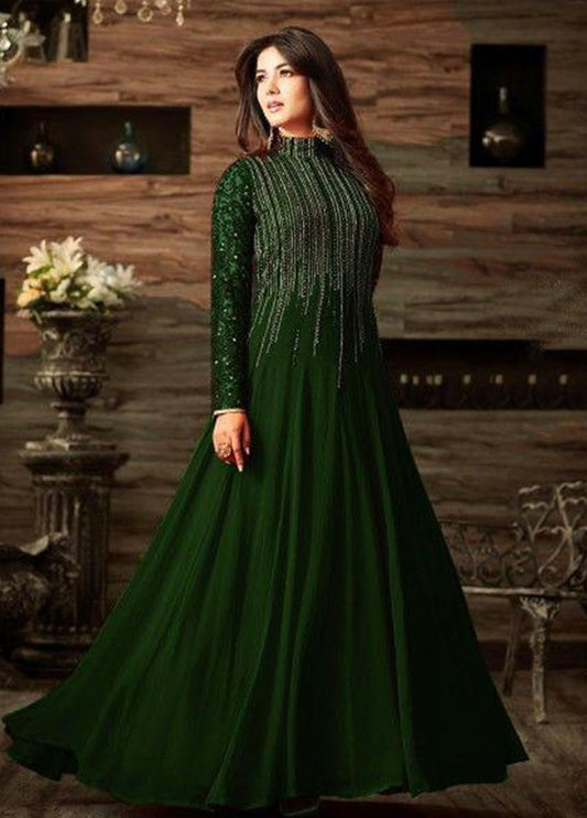 Green Embroidered Unstitched Chiffon Indian Maxi-GR Party Wear