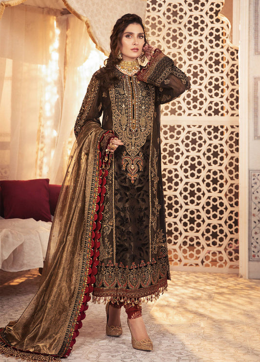 Black and Burnt Gold Embroidered Unstitched 3 Piece Organza Suit MBC-BD-2301-21-Party Wear