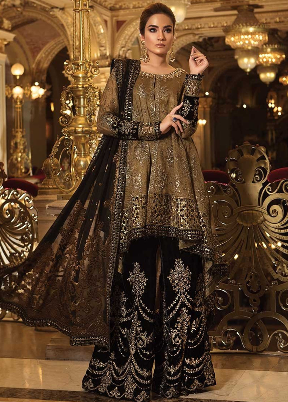 Gold & Black Embroidered Unstitched 3 Piece Organza Suit MBC-BD-1508-Party Wear