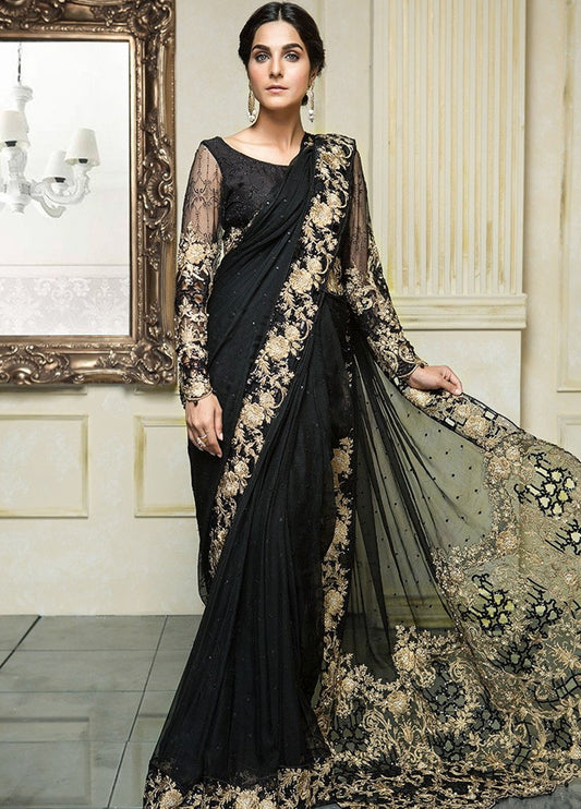 Black Embroidered Unstitched 3 Piece Chiffon Saree