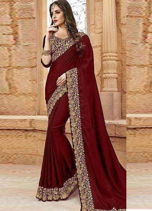 Maroon Embroidered Unstitched Chiffon Indian Saree -Party Wear