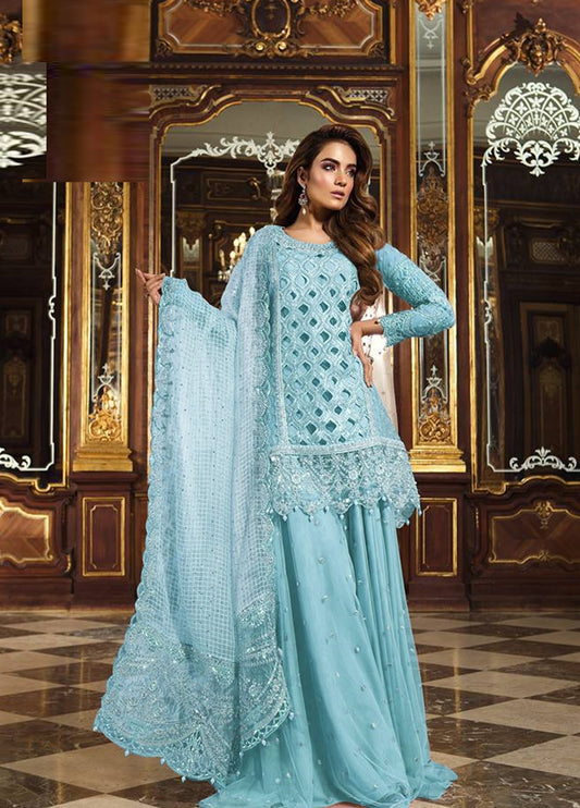 Embroidered Unstitched 3 Piece Organza Lehenga MBC-BD-1506-Sky Blue-Party Wear