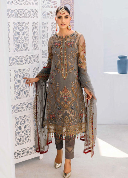 Grey Embroidered Unstitched 3 Piece Organza Suit EAC-VE-203-22 Party Wear